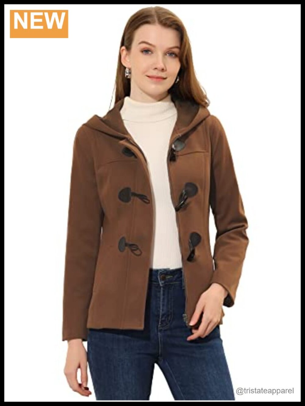 Womens Peacoat Hooded Toggle Duffle Coat Winter Casual Zip Up